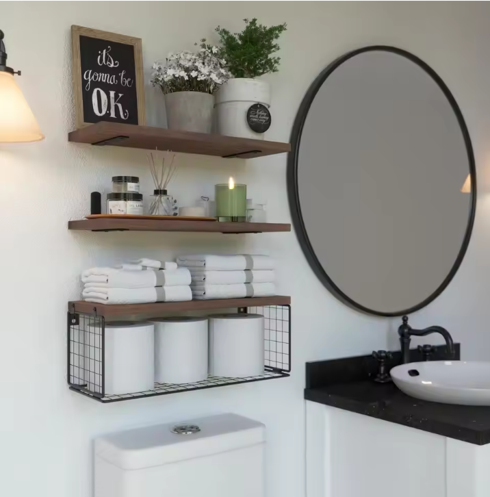 Rustieke Houten Wandplanken met Draadmand – Zwevend Badkamerrek voor Toilet, Keuken of Woonkamer