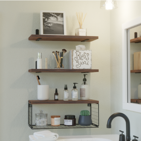 Rustieke Houten Wandplanken met Draadmand – Zwevend Badkamerrek voor Toilet, Keuken of Woonkamer