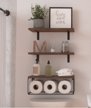 Rustieke Houten Wandplanken met Draadmand – Zwevend Badkamerrek voor Toilet, Keuken of Woonkamer