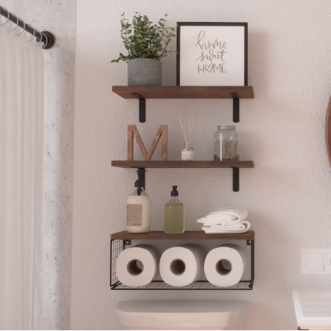 Rustieke Houten Wandplanken met Draadmand – Zwevend Badkamerrek voor Toilet, Keuken of Woonkamer