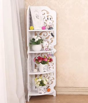 4-Lagen Hoekrek – Wit PVC Vrijstaand Wandrek met Uitsnede Design voor Badkamer & Woonkamer