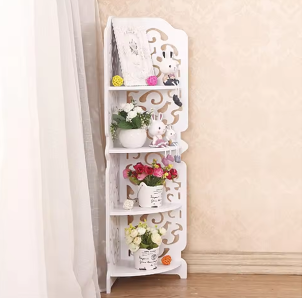 4-Lagen Hoekrek – Wit PVC Vrijstaand Wandrek met Uitsnede Design voor Badkamer & Woonkamer