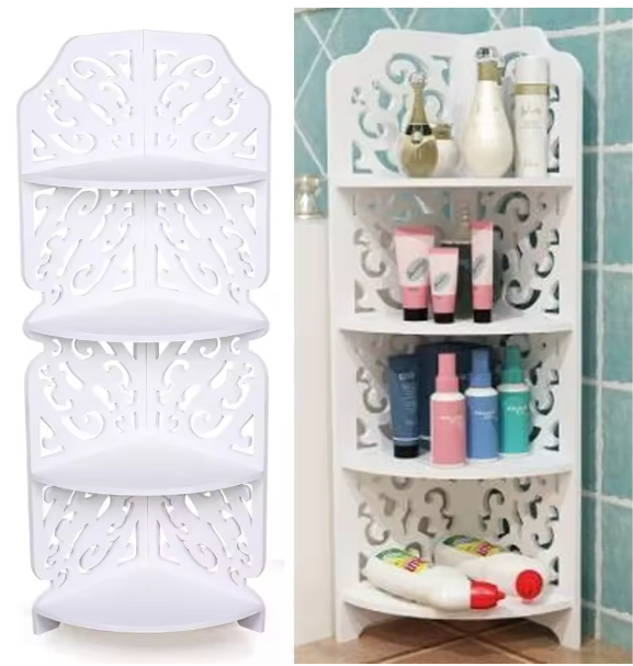 4-Lagen Hoekrek – Wit PVC Vrijstaand Wandrek met Uitsnede Design voor Badkamer & Woonkamer