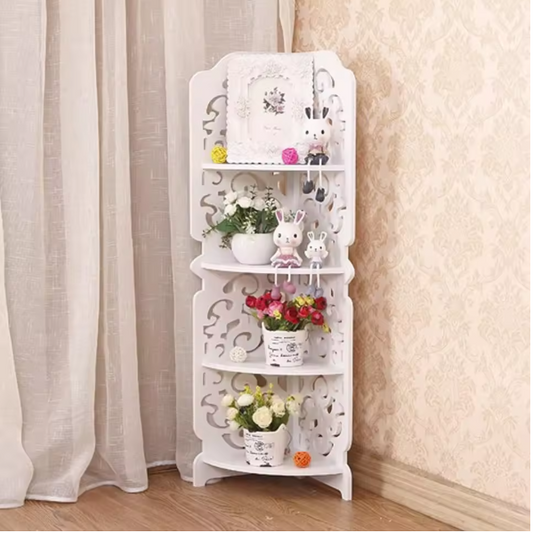 4-Lagen Hoekrek – Wit PVC Vrijstaand Wandrek met Uitsnede Design voor Badkamer & Woonkamer