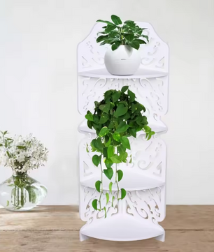 4-Lagen Hoekrek – Wit PVC Vrijstaand Wandrek met Uitsnede Design voor Badkamer & Woonkamer