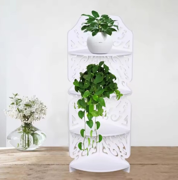 4-Lagen Hoekrek – Wit PVC Vrijstaand Wandrek met Uitsnede Design voor Badkamer & Woonkamer