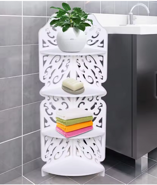 4-Lagen Hoekrek – Wit PVC Vrijstaand Wandrek met Uitsnede Design voor Badkamer & Woonkamer