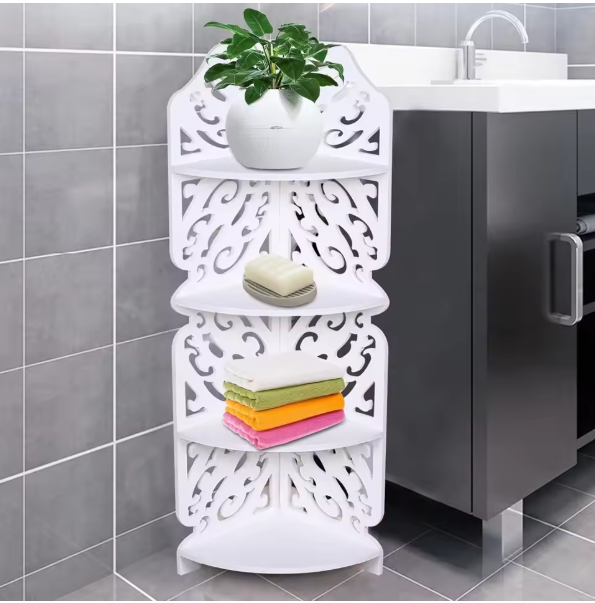 4-Lagen Hoekrek – Wit PVC Vrijstaand Wandrek met Uitsnede Design voor Badkamer & Woonkamer