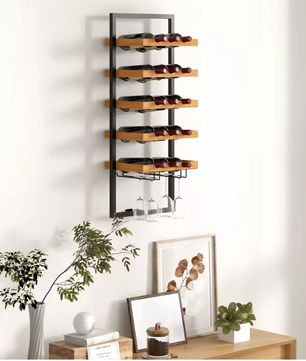Wand Wijnrek met 5 Lagen – Houten & Stalen Flessenrek met Glashouder