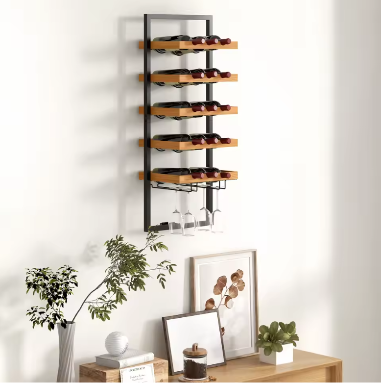 Wand Wijnrek met 5 Lagen – Houten & Stalen Flessenrek met Glashouder