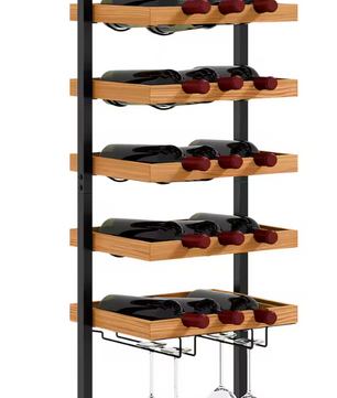 Wand Wijnrek met 5 Lagen – Houten & Stalen Flessenrek met Glashouder