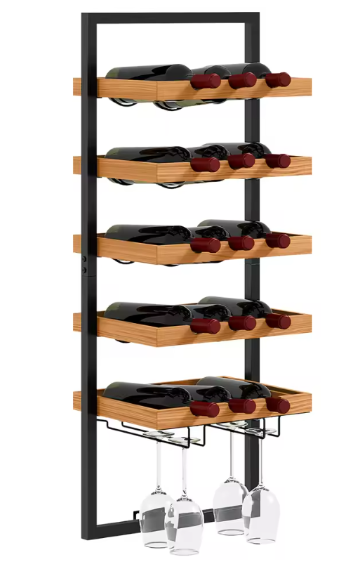 Wand Wijnrek met 5 Lagen – Houten & Stalen Flessenrek met Glashouder