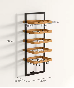 Wand Wijnrek met 5 Lagen – Houten & Stalen Flessenrek met Glashouder