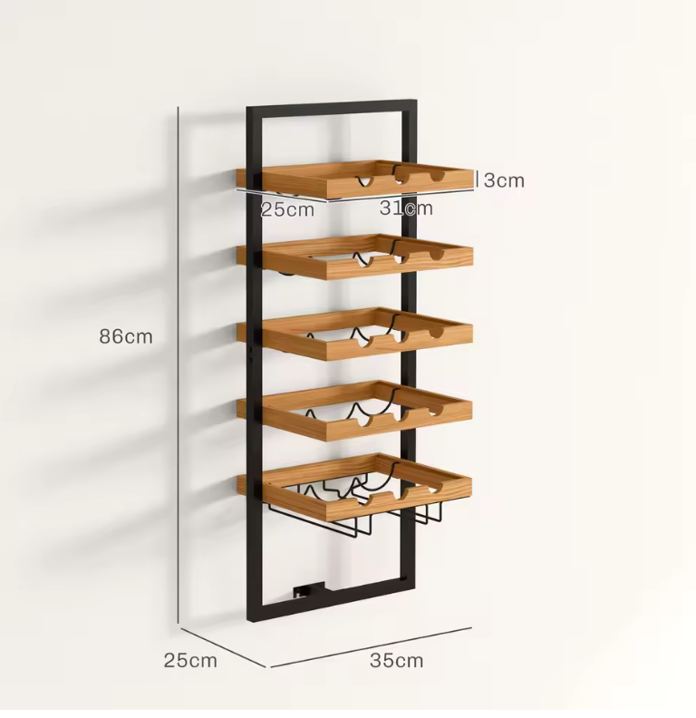 Wand Wijnrek met 5 Lagen – Houten & Stalen Flessenrek met Glashouder
