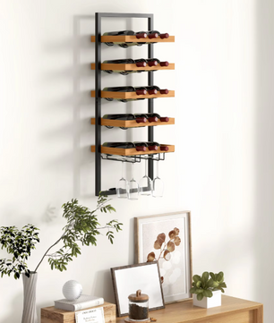 Wand Wijnrek met 5 Lagen – Houten & Stalen Flessenrek met Glashouder