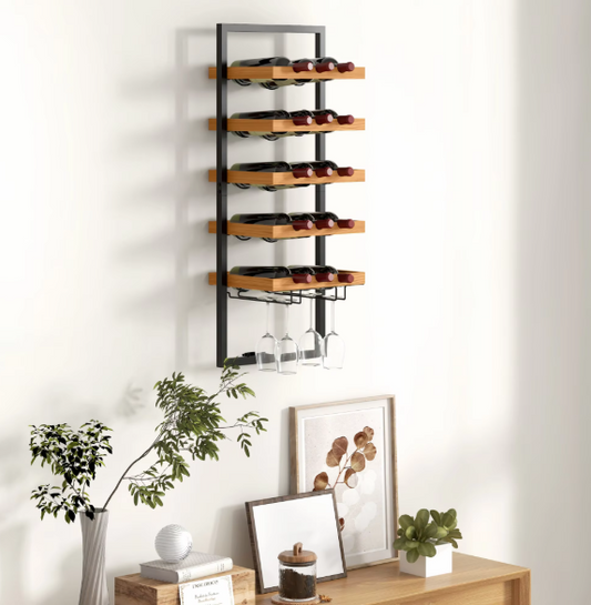 Wand Wijnrek met 5 Lagen – Houten & Stalen Flessenrek met Glashouder