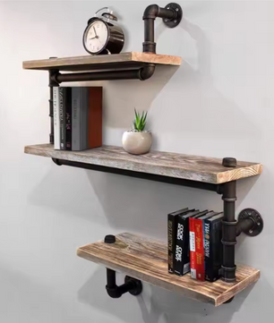 Industriële Wandplank met 3 Lagen – Massief Hout & Metalen Pijpen