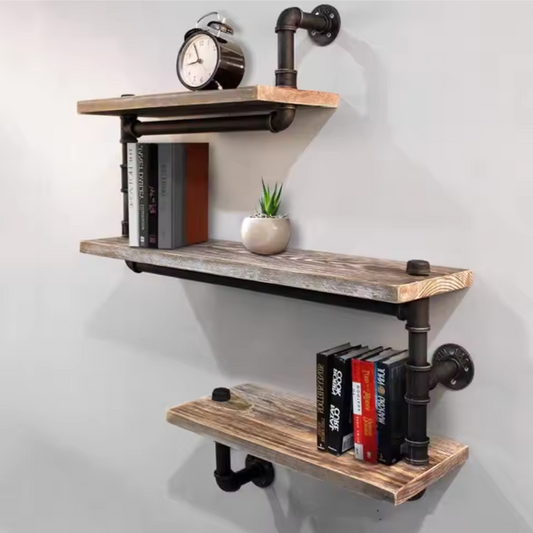 Industriële Wandplank met 3 Lagen – Massief Hout & Metalen Pijpen