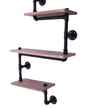 Industriële Wandplank met 3 Lagen – Massief Hout & Metalen Pijpen
