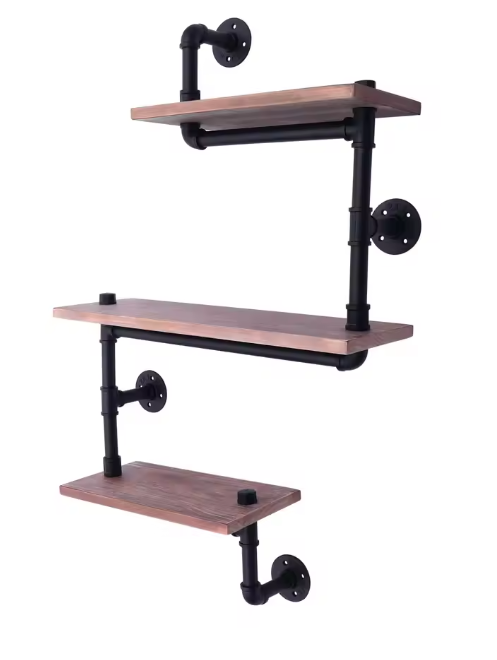 Industriële Wandplank met 3 Lagen – Massief Hout & Metalen Pijpen