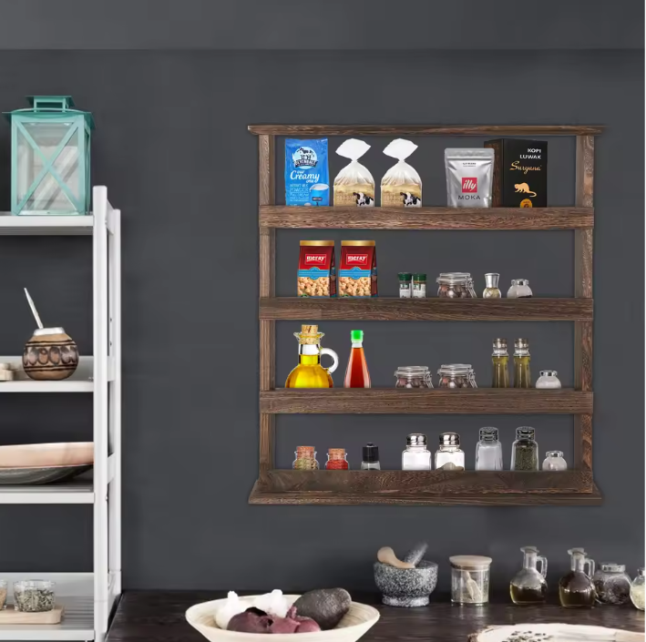 4-Laags Houten Kruidenrek – Wandrek & Tafel Organizer voor Keuken
