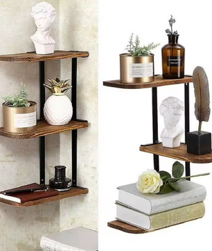 Hoek Wandplank 3-Laags – Houten & Metalen Wandrek voor Keuken, Woonkamer of Badkamer