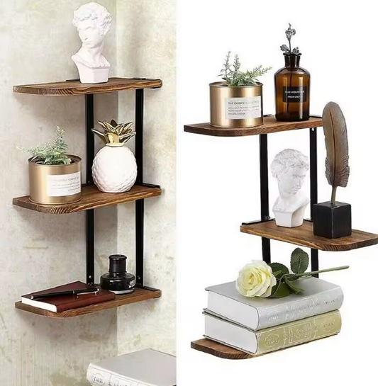 Hoek Wandplank 3-Laags – Houten & Metalen Wandrek voor Keuken, Woonkamer of Badkamer