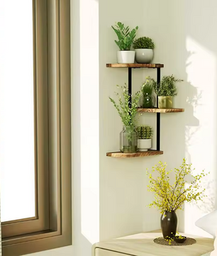 Hoek Wandplank 3-Laags – Houten & Metalen Wandrek voor Keuken, Woonkamer of Badkamer