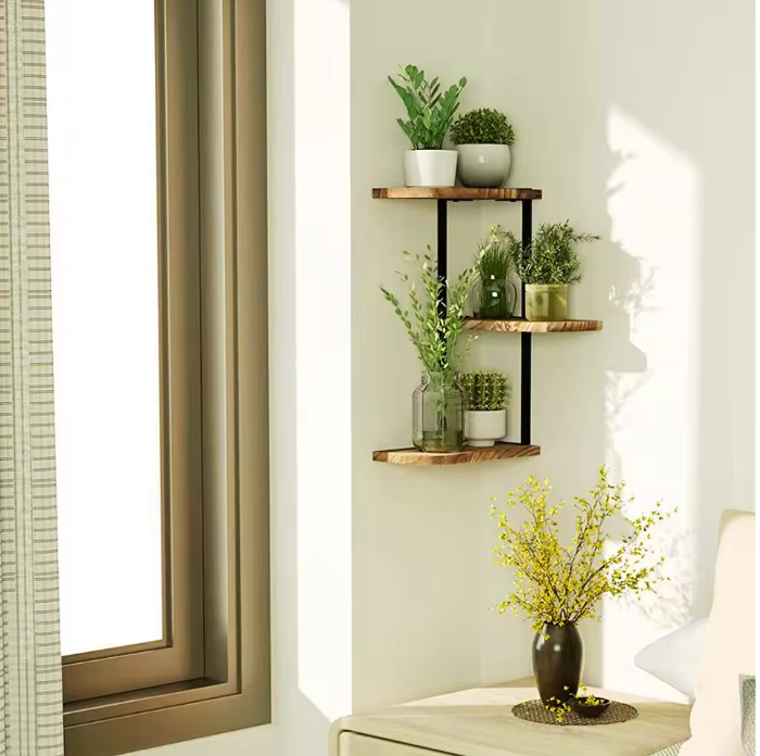 Hoek Wandplank 3-Laags – Houten & Metalen Wandrek voor Keuken, Woonkamer of Badkamer