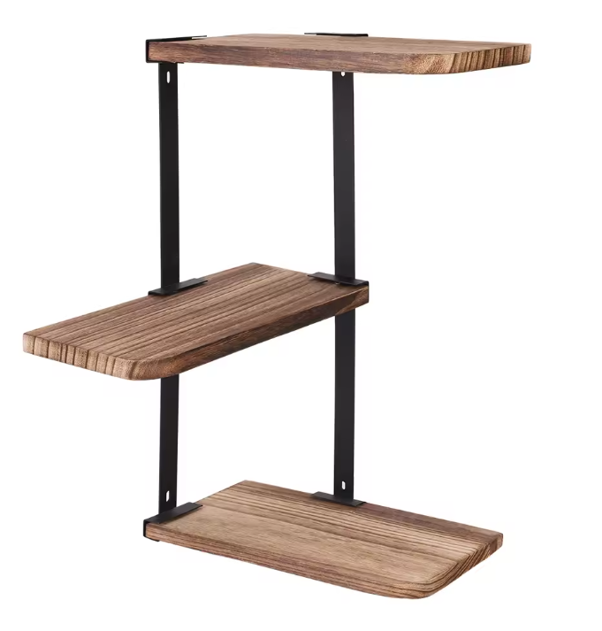 Hoek Wandplank 3-Laags – Houten & Metalen Wandrek voor Keuken, Woonkamer of Badkamer