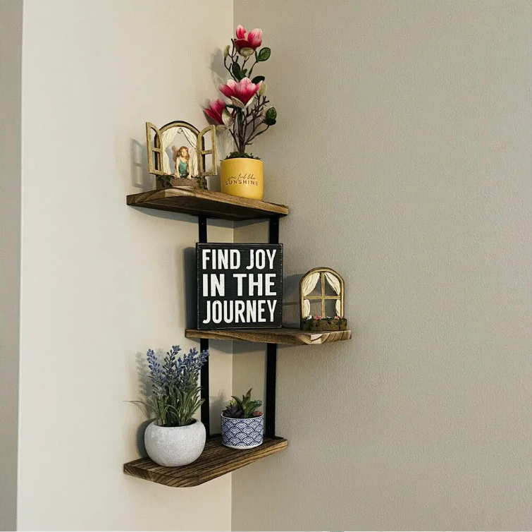 Hoek Wandplank 3-Laags – Houten & Metalen Wandrek voor Keuken, Woonkamer of Badkamer