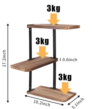 Hoek Wandplank 3-Laags – Houten & Metalen Wandrek voor Keuken, Woonkamer of Badkamer