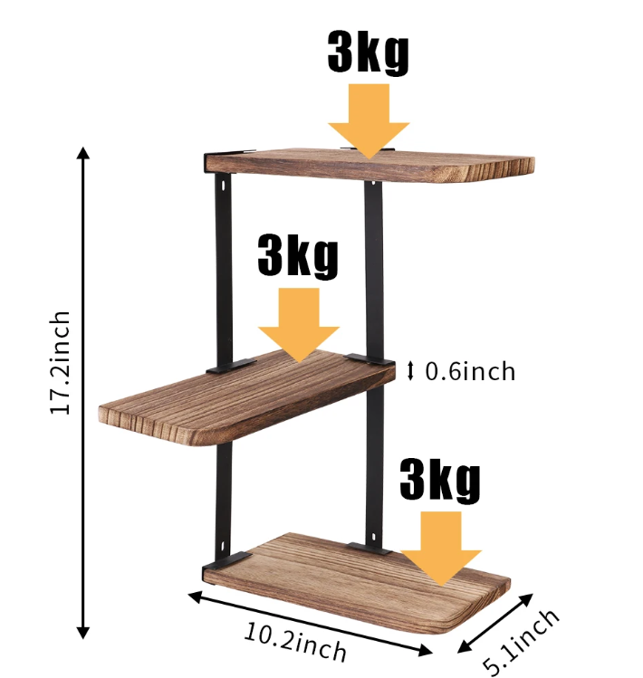 Hoek Wandplank 3-Laags – Houten & Metalen Wandrek voor Keuken, Woonkamer of Badkamer