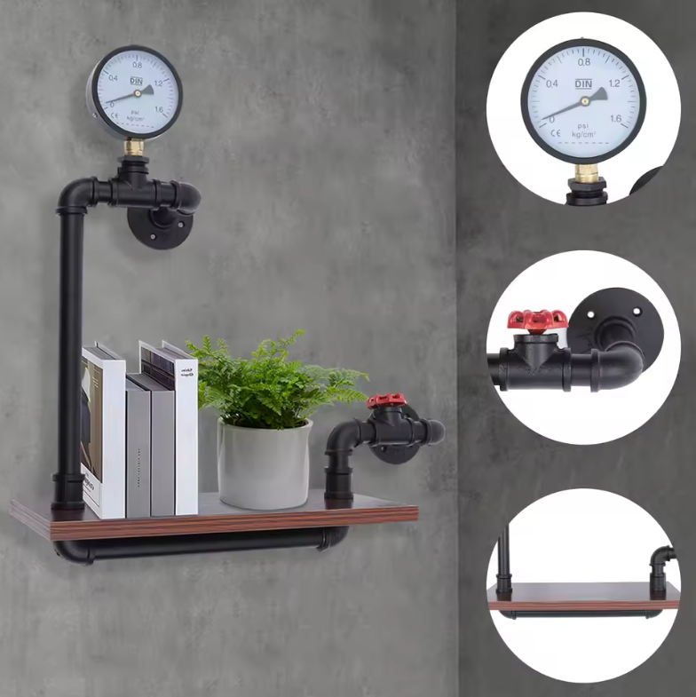 Industriële Wandplank – Houten & Stalen Wandrek met Decoratief Design, 40×20×57 cm