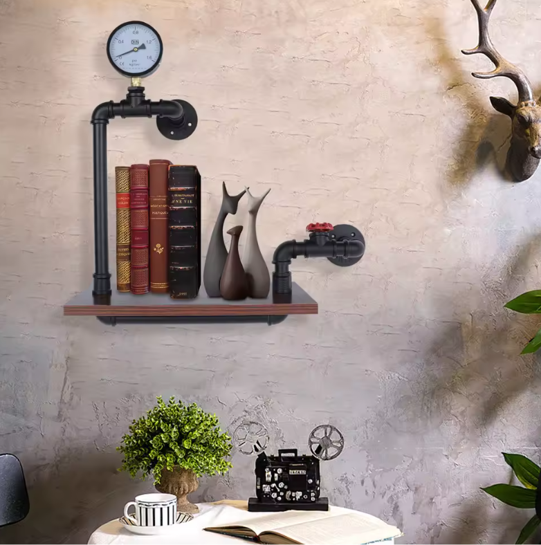 Industriële Wandplank – Houten & Stalen Wandrek met Decoratief Design, 40×20×57 cm