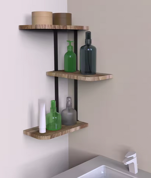 Industriële Hoek Wandplank – Houten & Metalen Wandrek, 3-Lagen Organizer