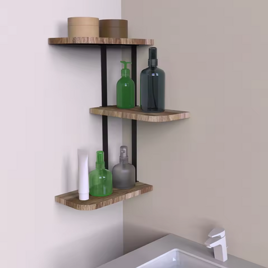 Industriële Hoek Wandplank – Houten & Metalen Wandrek, 3-Lagen Organizer