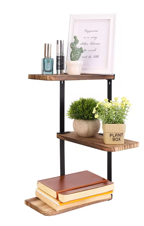 Industriële Hoek Wandplank – Houten & Metalen Wandrek, 3-Lagen Organizer
