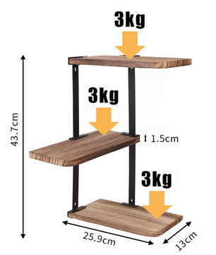 Industriële Hoek Wandplank – Houten & Metalen Wandrek, 3-Lagen Organizer