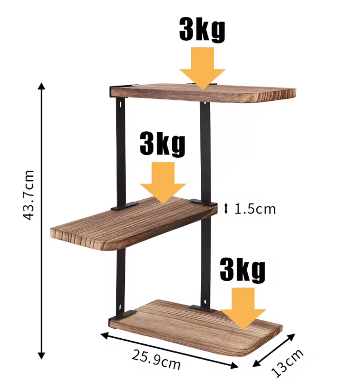 Industriële Hoek Wandplank – Houten & Metalen Wandrek, 3-Lagen Organizer