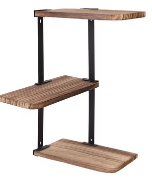 Industriële Hoek Wandplank – Houten & Metalen Wandrek, 3-Lagen Organizer