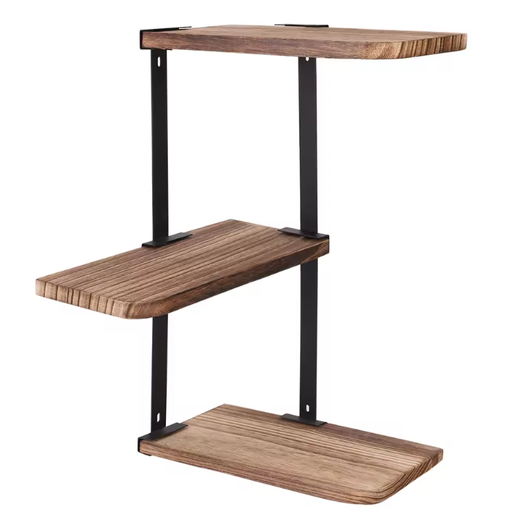 Industriële Hoek Wandplank – Houten & Metalen Wandrek, 3-Lagen Organizer