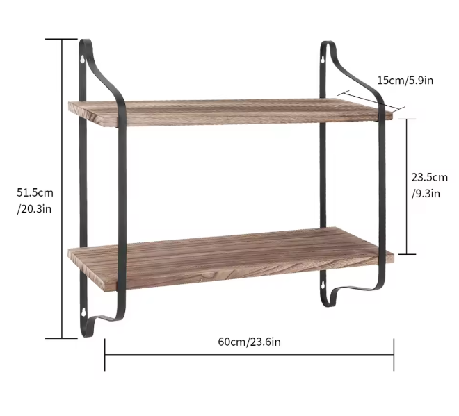 Industriële Wandplank 2-Laags – Houten & Metalen Zwevend Rek