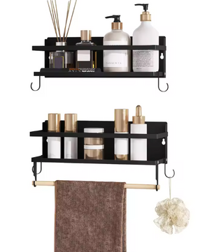 Set van 2 Wandplanken – Met Haken & Handdoekhouder, Metaal & Hout