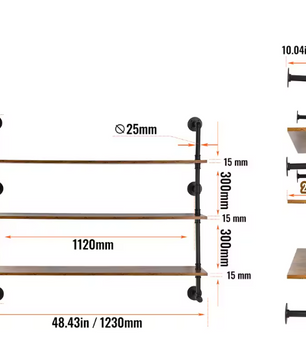 Industriële Wandplank – 3-Lagen Opslagrek van Metaal & Hout