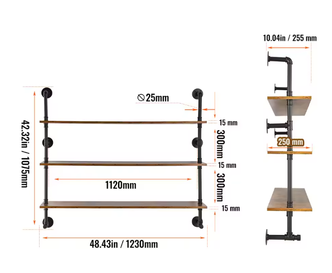 Industriële Wandplank – 3-Lagen Opslagrek van Metaal & Hout