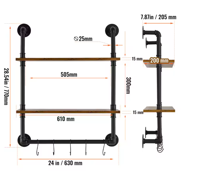 Industriële Wandplank – 3-Lagen Opslagrek van Metaal & Hout