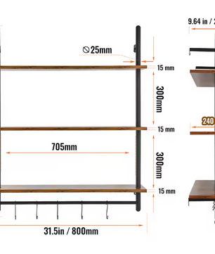 Industriële Wandplank – 3-Lagen Opslagrek van Metaal & Hout