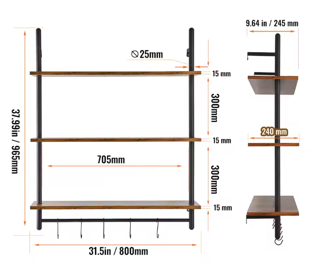 Industriële Wandplank – 3-Lagen Opslagrek van Metaal & Hout