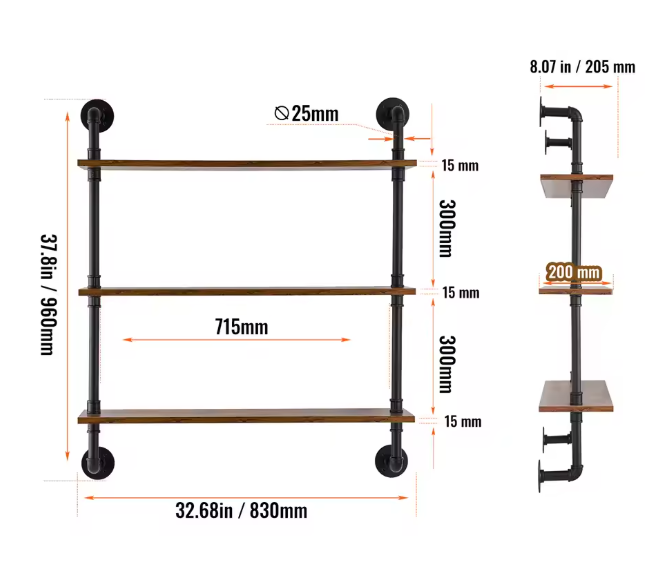 Industriële Wandplank – 3-Lagen Opslagrek van Metaal & Hout